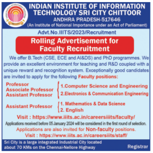 Faculty Recruitment 2023 at IIIT, Sri City | FacultyPlus