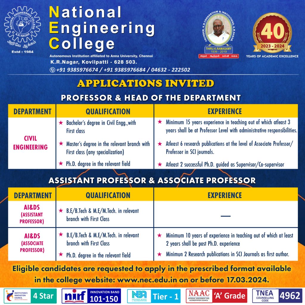 National Engineering College, Kovilpatti Wanted Professor & HOD ...