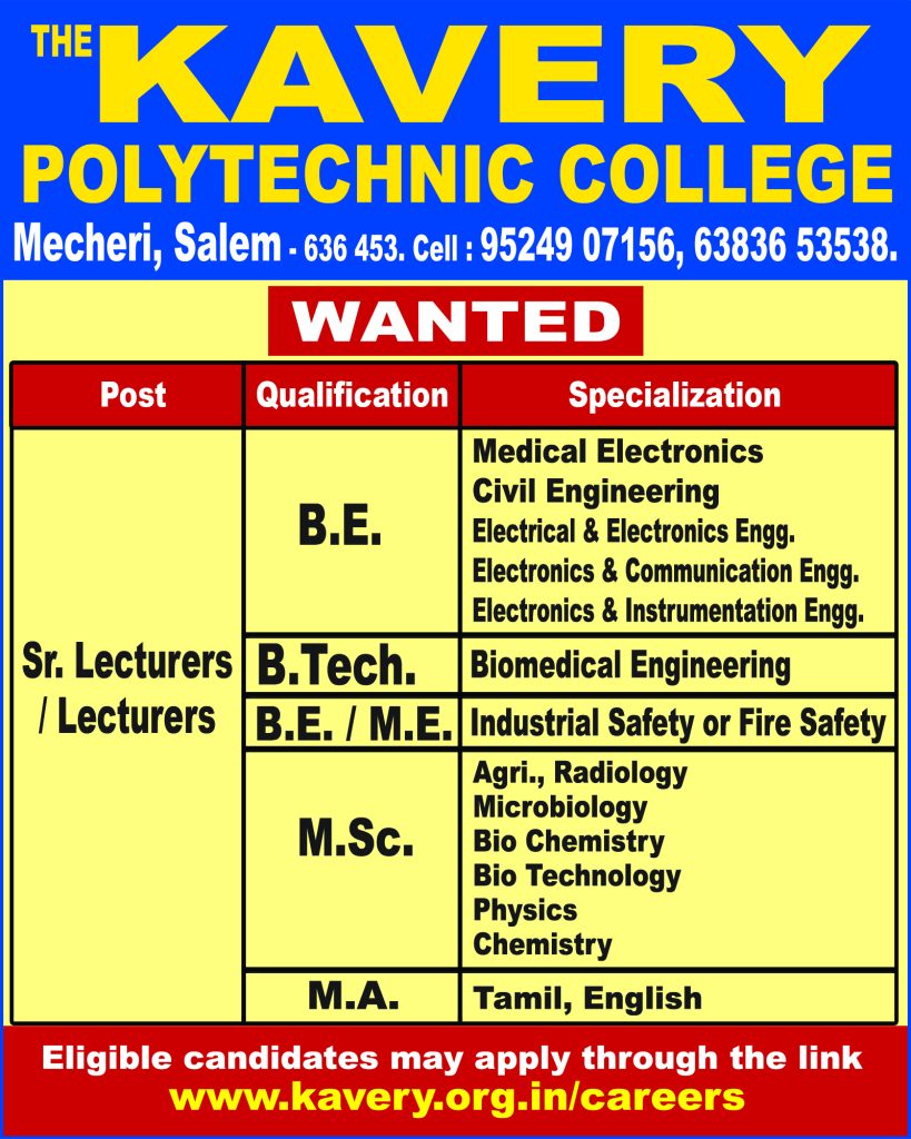 The Kavery Polytechnic College Wanted Sr.Lecturers/Lecturer | FacultyPlus