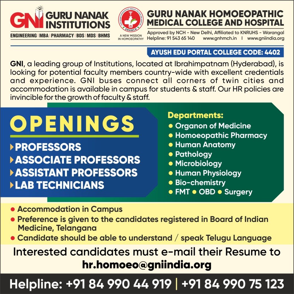 Faculty Recruitment 2024 at Guru Nanak Homoeopathic Medical College and ...